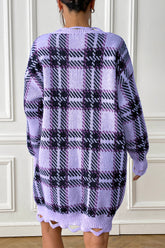 Plaid V-Neck Long Sleeve Sweater Dress OutfitFlow